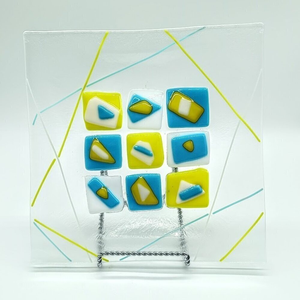 Atomic MCM Blue Yellow Fused Glass Square Plate